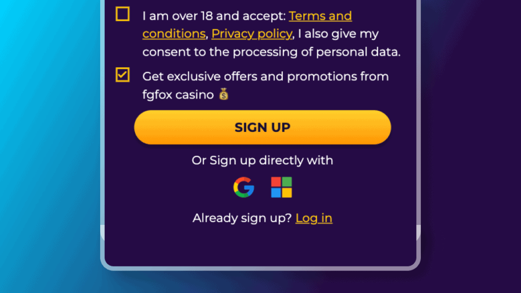 Bifează casetele cu Termenii cazinoului și primirea de oferte promo