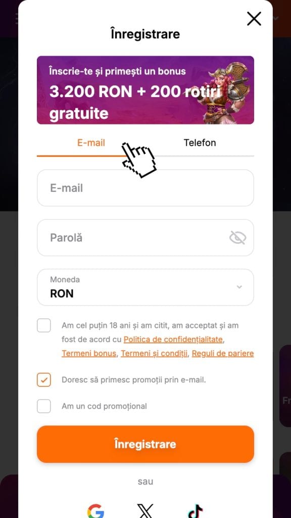 Selectează unul dintre modurile de creare cont