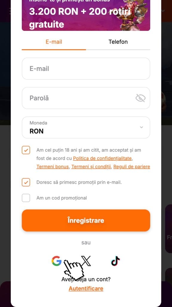 Procedura de înscriere cu un profil de pe o rețea de socializare