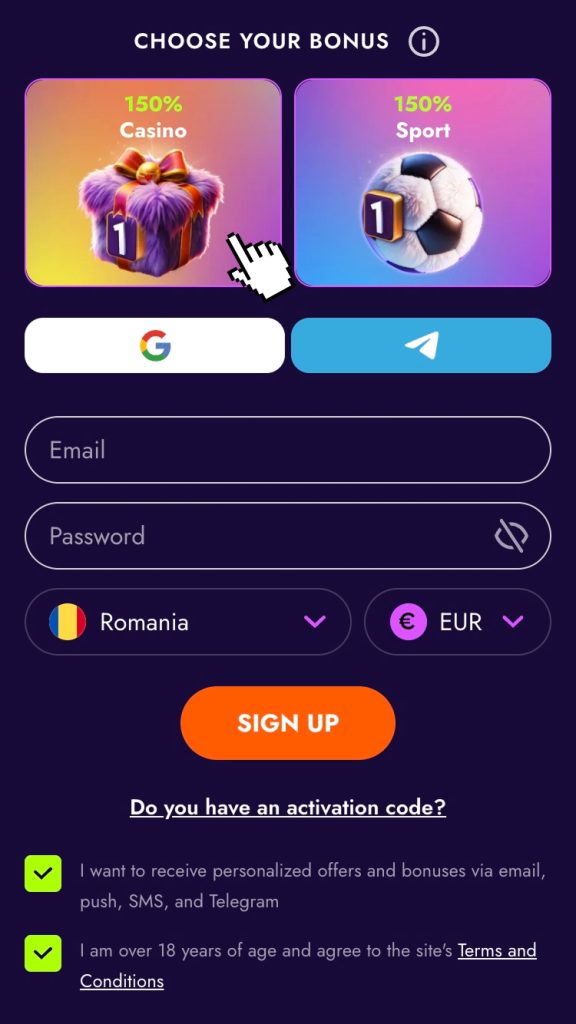 Selectează bonusul de bun venit
