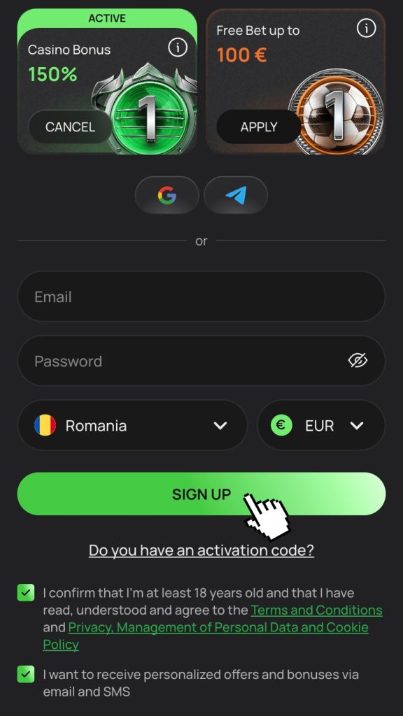 Acceptă termenii cazinoului și apasă butonul "Sign up"