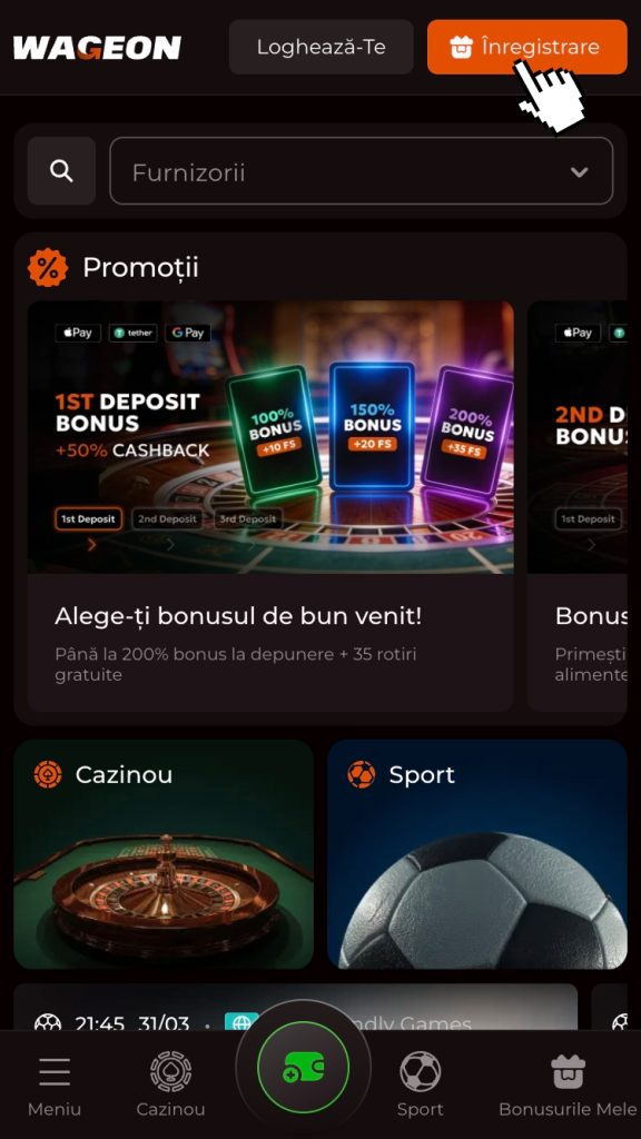 Apasă butonul “Înregistrare” după accesarea site-ului de cazinou