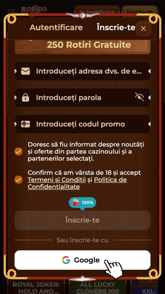 Selectează modalitatea de creare a contului