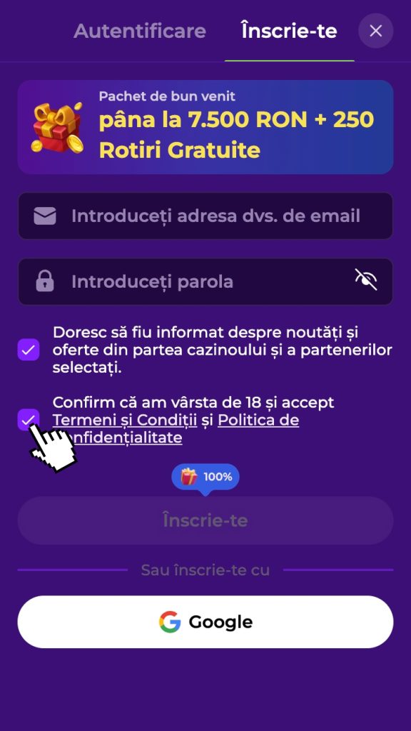Bifează caseta de acceptare a termenilor cazinoului Gambloria
