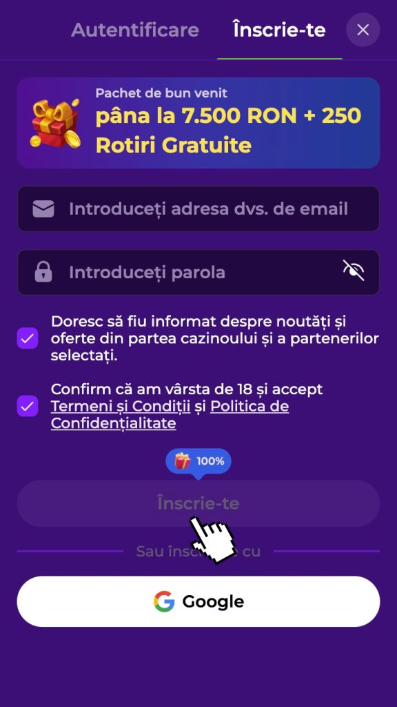 Click pe butonul “Înscrie-te” ca să creezi contul