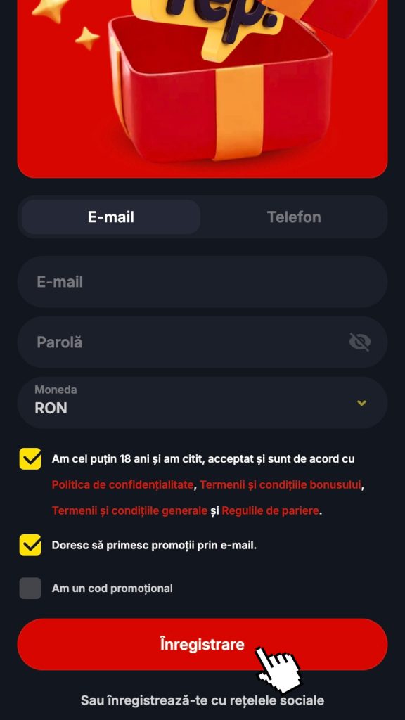 Completează câmpurile obligatorii și apasă butonul de înregistrare